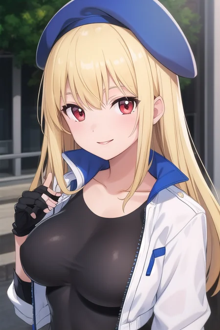 ((masterpiece)),(best quality),official art,extremely delicate and beautiful,extremely detailed CG,unity 8k wallpaper,ultra detailed,beautiful detailed eyes,extremely detailed face,outdoors,1girl,solo,upper body,(portrait:1.5),looking at viewer,facing viewer,smile,Kusanagi Orie,blue beret,long hair,blonde hair,bangs,red eyes,collarbone,cropped jacket,white jacket,open clothes,open jacket,black shirt,large breasts,skindentation,long sleeves,black gloves,fingerless gloves,blue belt,leotard,black pants,cameltoe,high heel boots,white footwear,<lora:Kusanagi Orie(gfd)>,