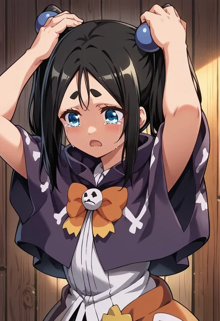 score_9, score_8_up, score_7_up,BREAKsource_anime,
masterpiece,8k,uncensored,(highres:1.3),high resolution, unity 8k wallpaper, detailed face, detailed CG, (perfect hands:1.5, perfect anatomy), (high quality, best quality) (curvy:1.45)(shiny skin) (oily skin),
flat chest,
wood cabin,
crying,close eyes,tears,open mouth,
standing,dynamic light,
tokkishiko dana, black hair, 1girl, thick eyebrows, blue eyes, solo, twintails, long hair,(((hands on own head))),
purple capelet, orange bowtie,bowtie, shirt,hair bobbles,cowboy shot,
