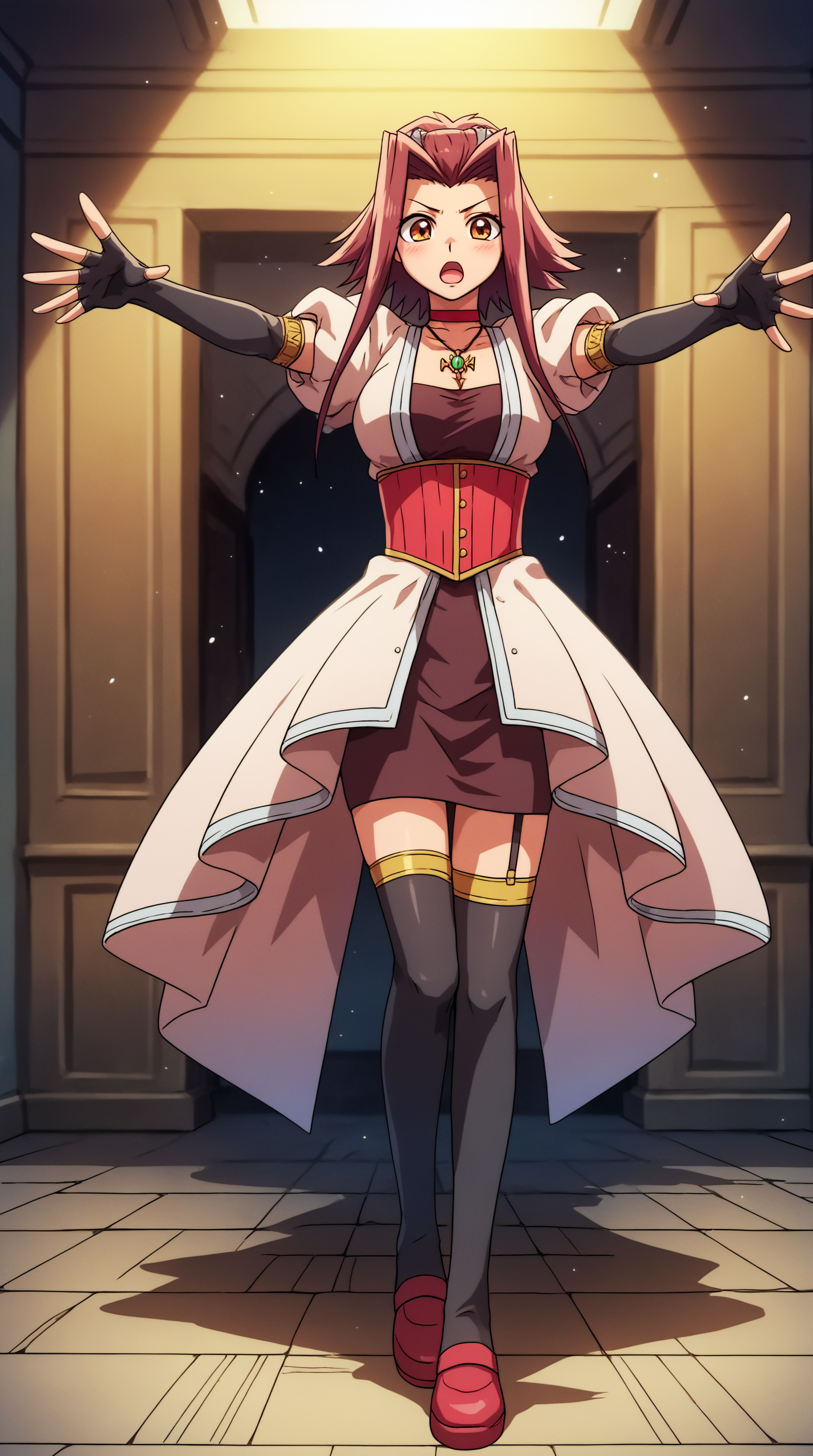 score_9, score_8_up, score_7_up, best background, detailed background, 4k, upscale, anime_source,  Aki Izayoi, Main Outfit, solo, open mouth, blush, indoors, standing, full body, outstretched arm  <lora:JN_Aki_Izayoi_Pony:0.8>