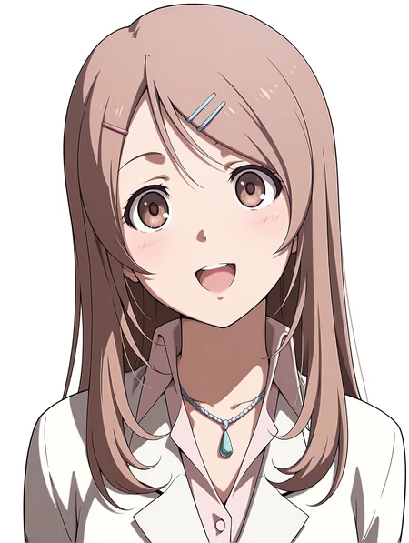 masterpiece,best quality,newest,
1girl,solo,
<lora:sakurai_yukino_ilxl_v1.0:1>,brown hair,brown eyes,long hair,
y_clothes,necklace,uniform,white jacket,shirt,
<lora:Fixhands_anime_bdsqlsz_V1:1>,upper_body,looking_at_viewer,light_blush,white_background,simple_background,portrait,:d,gasping,