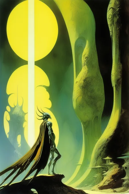<lora:Ralph Bakshi Style:1>Ralph Bakshi Style - unique sci-fi character in the mixed styles of Segio Toppi and Roger Dean, intense interplay of light and shadow
