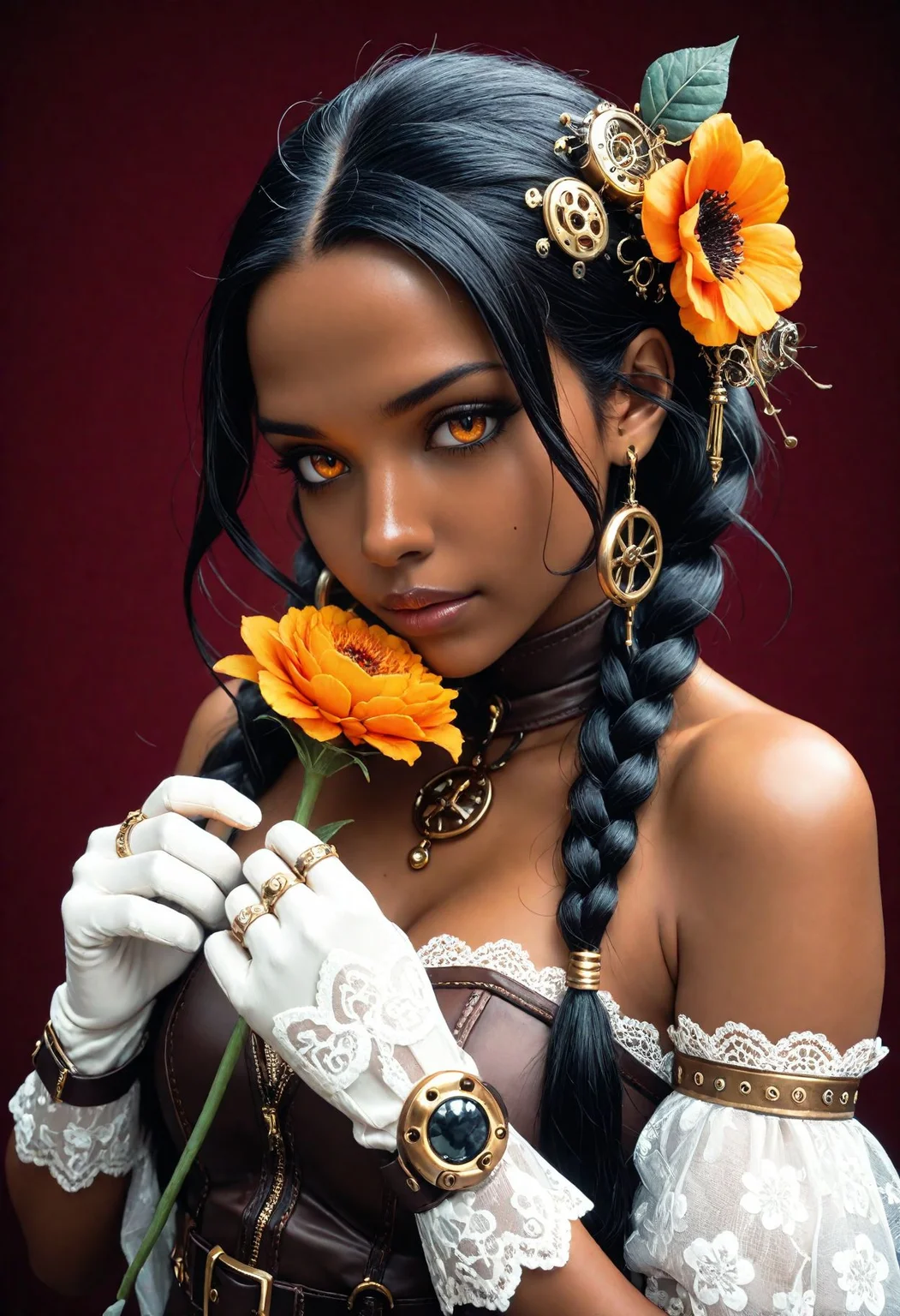 SmoothNoob_Quality, steampunk, 1girl,flower,dark skin,solo,gloves,dark-skinned female,jewelry,ring,looking at viewer,white gloves,black hair,braid,upper body,red flower,yellow flower,hair ornament,earrings,orange eyes,bare shoulders,long hair,red background,lace,hair flower,very dark skin,orange flower,one eye covered,strapless,multiple rings, plant, simple background,lace trim,  <lora:Smooth_SteamPunk:1> <lora:Smooth_Booster:0.5>
