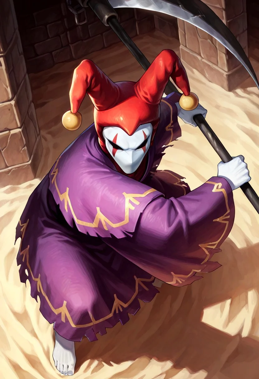 score_9,score_8,score_7,source_furry, (masterpiece, best quality, high quality:1.2), detailed hands,character focus, detailed skins, body blush, cinematic shadow, character focus, ultra detailed background,
dutch angle, from above,
<solo:1.5>, <1boy:1.5>, (anime:3.5), (official:3.5), (dynamic pose:1.8), attacking,
chariotsaga, 1boy, solo, male focus,
jester, red headwear, looking at viewer, white skin, jester cap, pom pom (clothes), (faceless mask:1.2), facepaint, hat, robe, purple robe, torn robes, long sleeves, wide sleeves, barefoot, light gray color nails, holding, scythe, weapon, holding scythe, holding weapon,
ancient ruin background, indoor, dark orange stone wide rooms, torch wall, darkness, sand, desert,