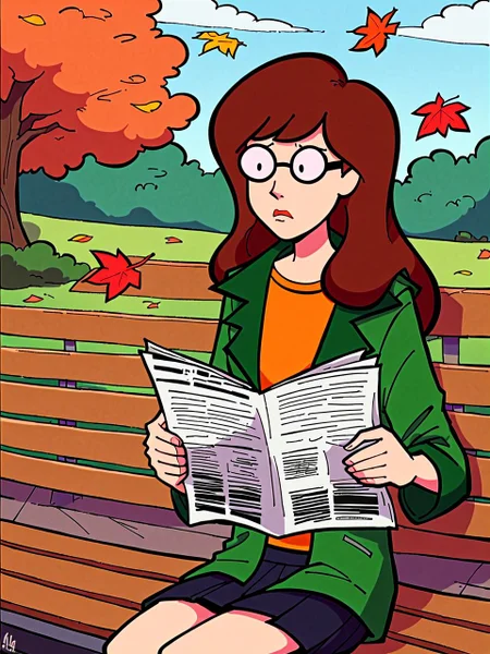 score_9,score_8_up,score_7_up,score_6_up, BREAK sitting on a park bench, reading, (holding large newspaper:1.1), autumnal, trees, fallen leaves, solo, <lora:dariaTV_PDXL:1> dariatv, brown hair, long hair, glasses, lips, dot eyes, short green jacket, orange shirt, skirt, bored eyes, expressionless mouth