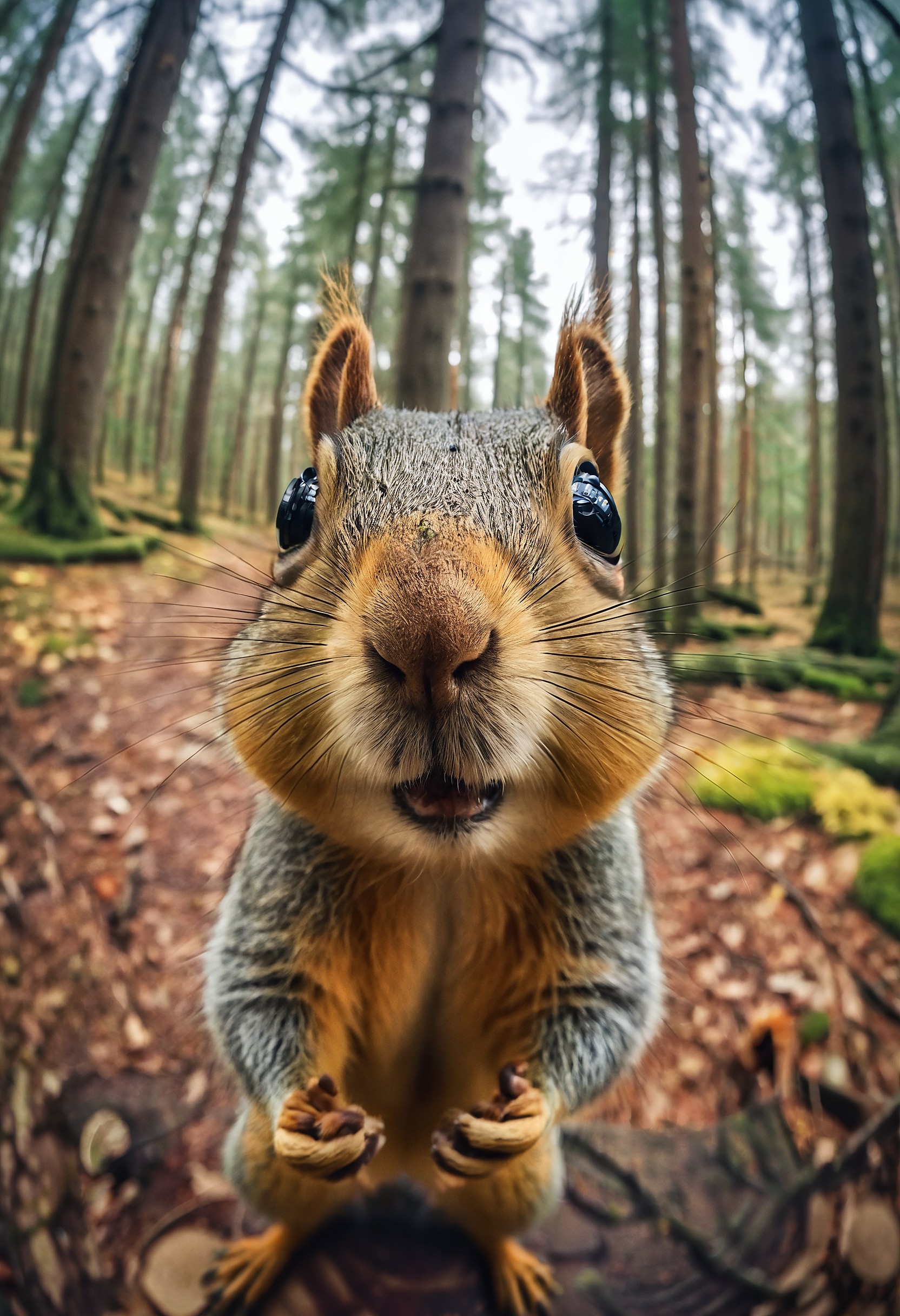 a Squirrel takes a selfie in the forest, in the style of fisheye effects, somber mood, strong facial expression, tilt shift