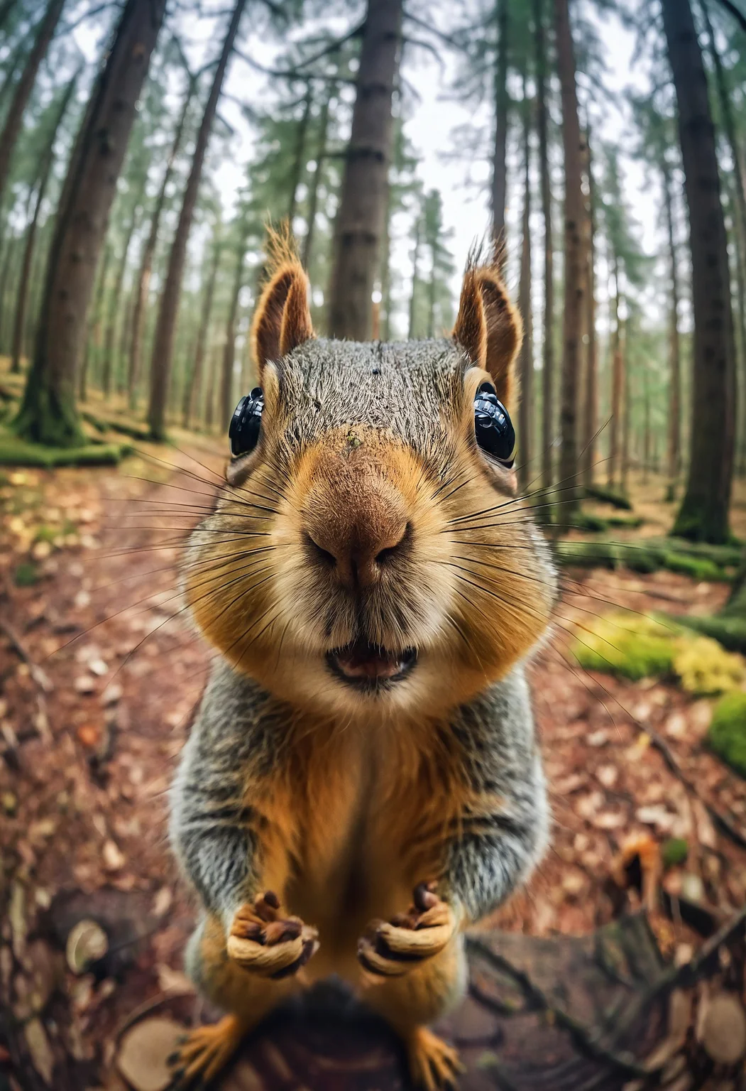 a Squirrel takes a selfie in the forest, in the style of fisheye effects, somber mood, strong facial expression, tilt shift