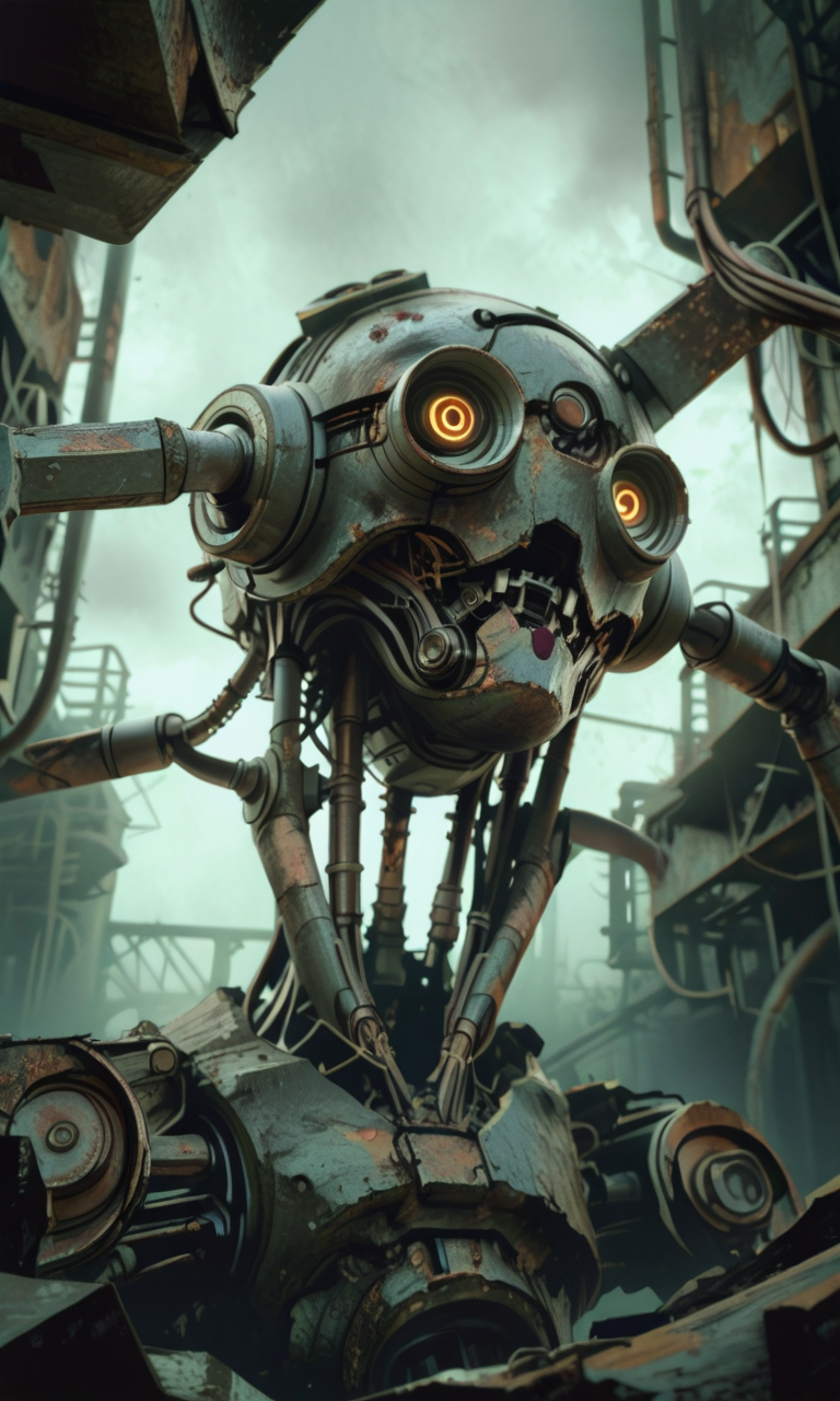 A close-up photograph of a rusted industrial robot head with exposed wires and mechanical components bathed in a greenish eerie light. The perspective is from below emphasizing the intricate corroded details. The background is dark and textured enhancing the ominous abandoned atmosphere. <lora:- iLL - the_edgy_mech_V3.0:1>