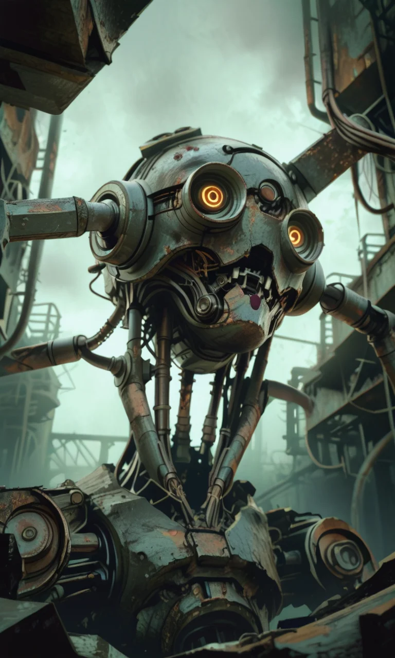 A close-up photograph of a rusted industrial robot head with exposed wires and mechanical components bathed in a greenish eerie light. The perspective is from below emphasizing the intricate corroded details. The background is dark and textured enhancing the ominous abandoned atmosphere. <lora:- iLL - the_edgy_mech_V3.0:1>