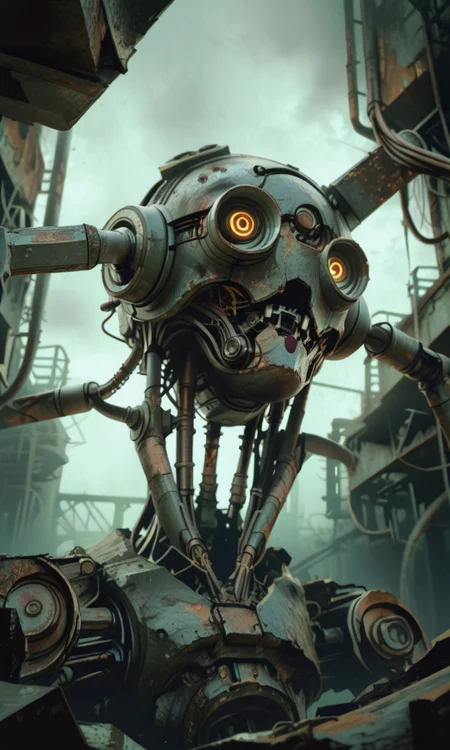 A close-up photograph of a rusted industrial robot head with exposed wires and mechanical components bathed in a greenish eerie light. The perspective is from below emphasizing the intricate corroded details. The background is dark and textured enhancing the ominous abandoned atmosphere. <lora:- iLL - the_edgy_mech_V3.0:1>