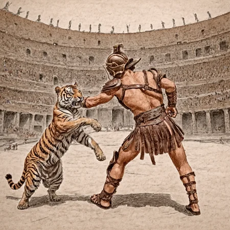 gladiator fighting in a colosseum with a tiger, rome,gladiator_style, illustration, high detail, sketch, colured pencil,