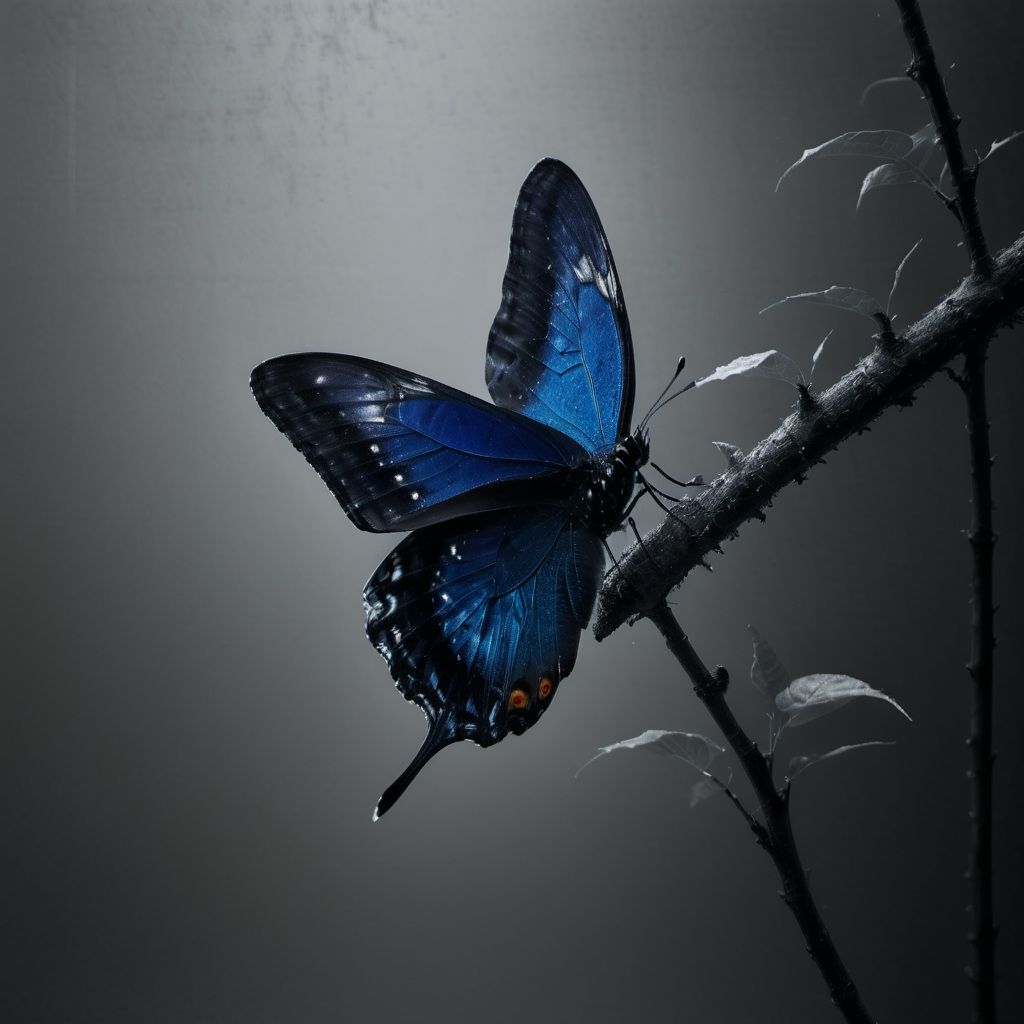 cinematic dark monochrome photo blue butterfly, in profile, resting on a thin branch, with closed wings : illustration, <lora:Into_Darkness:1>