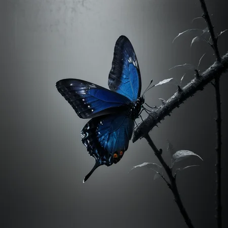cinematic dark monochrome photo blue butterfly, in profile, resting on a thin branch, with closed wings : illustration, <lora:Into_Darkness:1>
