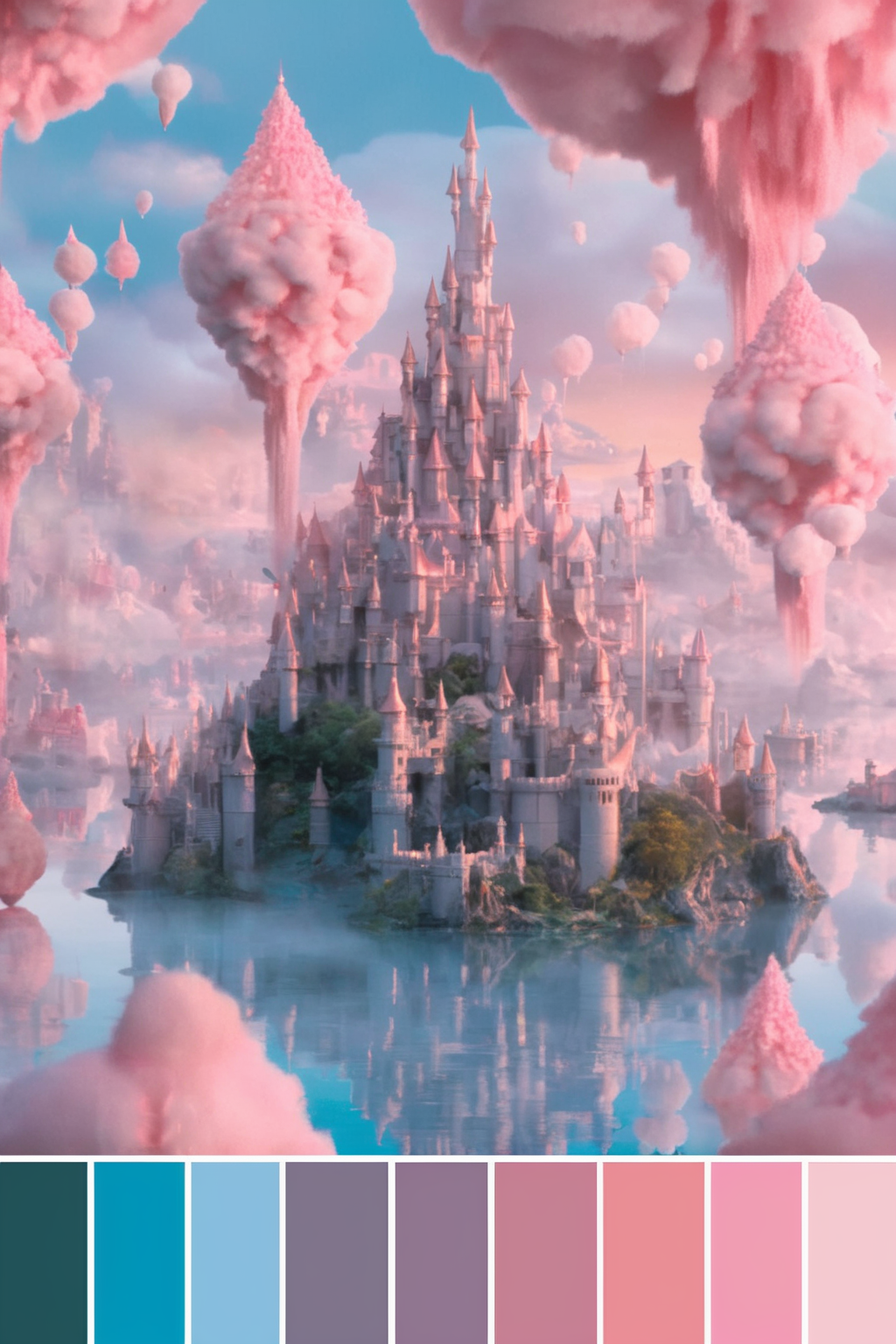 <lora:Cinema Color Palette:1>Color Palette - A fairy-tale castle at dawn. The majestic structure stands tall amidst floating islands, with dragons soaring in the cotton candy sky.