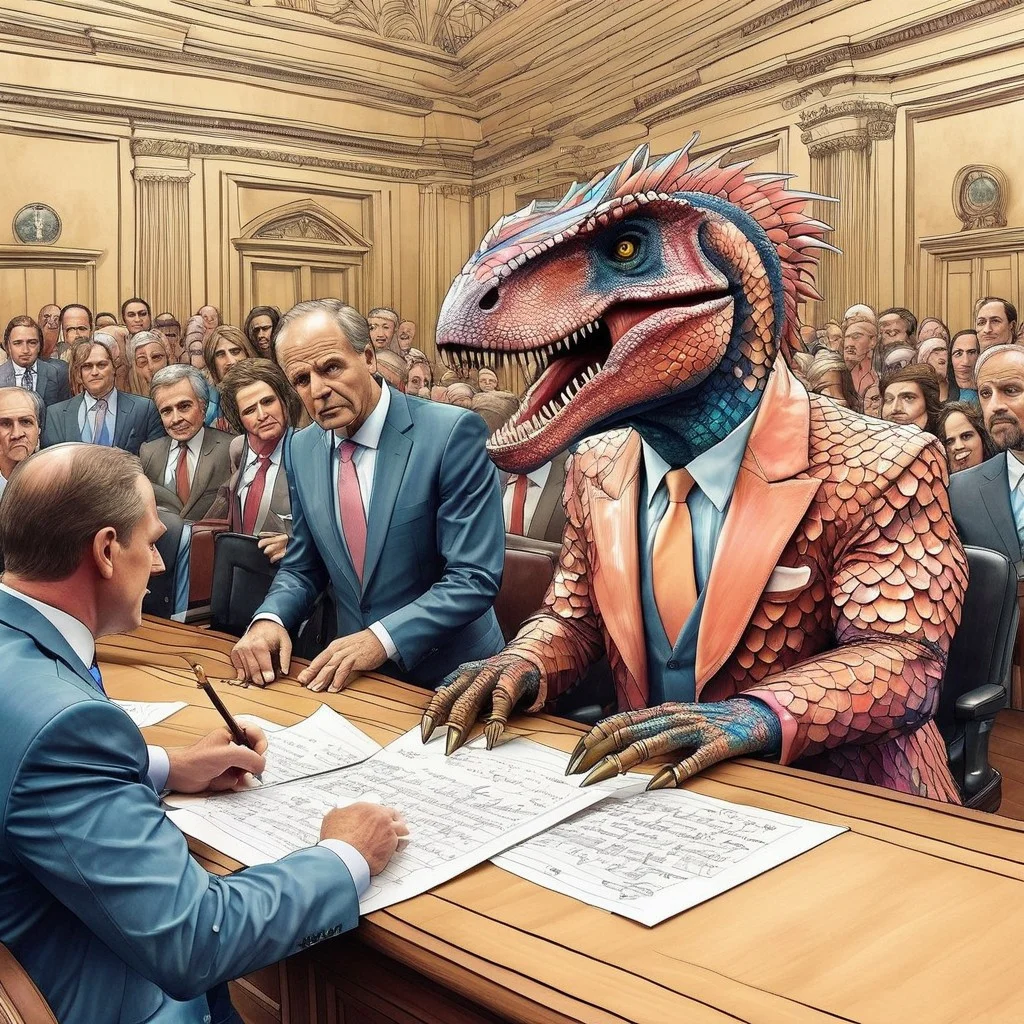 Judgment, standing in the dock, handdrawn sketch of court proceedings on buff coarse paper, colored ink with soft pencil, senior politician:velociraptor:defendant made out of iridescent scales, dinosaur, speaking, being watched by crowd of judges, court of law, high-resolution,
p1nk1r1sc4l3s