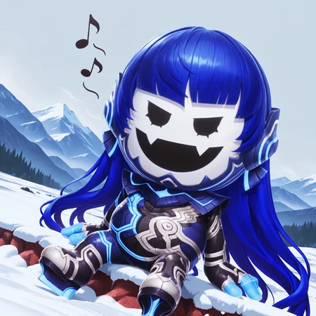 uncensored, masterpiece, best quality, highly detailed, realistic, solo, Nahobeeho, humanoid, ambiguous gender, blue hair, very long hair, hime cut, black eyes, mob face, flesh fangs, white body, white skin, blue bodysuit, multicolored bodysuit, full body suit, blue fingers smile, open mouth, sitting, 4 fingers, mountains, snow, foggy, detailed background, top of mountain, dutch angle, arm support, singing, music notes