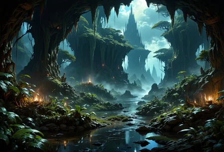 hyper realistic and highly detailed, highly dynamic cinematic panorama view, entering the exotic jungle and majestic garden of Eden, digital artwork, illustrative, concept art, cinema still, highly detailed, atmospheric haze, panoramic zoomed out view, highly dramatic lighting, MythP0rt
<lora:FredFraiStyle-FLUX-Share:0.5> <lora:FluxMythP0rtr4itStyle:0.7> <lora:dark_fantasy_flux:0.9> <lora:artilands:0.8>