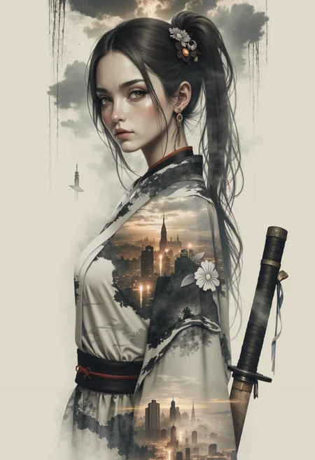 bo-abyss, OBxiaoxiang, bo-cityscape, bo-exposure, bo-cyberpunk, bo-steampunk, bo-exposure, a digital illustration depicting a surreal dream, living in a thunder cloud, foggy, ethereal double exposure scene from, a high-resolution photograph of a young woman with a slender, athletic build, she has light skin and long, dark brown hair styled in a high ponytail, secured with a hair ornament, her facial features are delicate, with a small nose and full lips, she is dressed in a traditional japanese kimono, predominantly white with intricate black and white floral patterns, the fabric is smooth and slightly silky, reflecting the light, she wears a black obi with a red sash around her waist, adding a touch of contrast to the traditional attire, the obi is held in her right hand, with the katana resting on her hip, the background is a plain, beige color, ensuring that the focus remains on the subject, the overall style of the photograph is photorealistic, capturing fine details such as the texture of the fabric and the folds of the kimonos, the lighting is soft and diffused, highlighting the smoothness of her skin and the subtle sheen of her hair<lora:Flux\boFLUX digital-abyss.safetensors:1.0:1.0> <lora:Flux\OBååå®èåç»V2.0.safetensors:0.5:0.5> <lora:Flux\boFLUX In the Sky v2.safetensors:0.85:0.85> <lora:Flux\boFLUX Double Exposure Magic v2.safetensors:0.7000000000000001:0.7000000000000001>