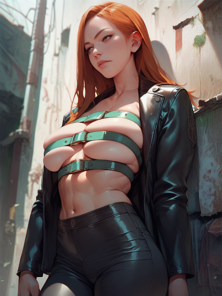 score_9,score_8_up,score_7_up,source_anime,upper body,1girl,<lora:beltsandstraps:1>,belts,leather jacket,pants,concrete wall,long hair,orange hair,