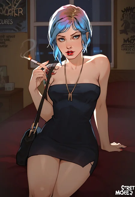 score_9, score_6_up, score_7_up, sn3yd_style, cowboy shot, cheap motel room, night, 
chloe price, 1girl, solo, short hair, blue hair, blue eyes, 
lipstick, make up, short dress, sexy dress, (prostitution, sexy clothing, street hooker:1.2), handbag, sitting on bed, holding cigarette
