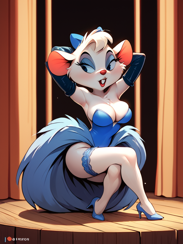 score_7_up, score_8_up, score_9, masterpiece, perfect face, perfect hands, high quality, source_anime, (1girl, solo,) <lora:Miss_Kitty_Mouse_-_The_Great_Mouse_Detective:1> mskittymouse, furry female, furry, animal ears, elbow gloves, high heels, blue leotard, stage, bulging breasts, cleavage,