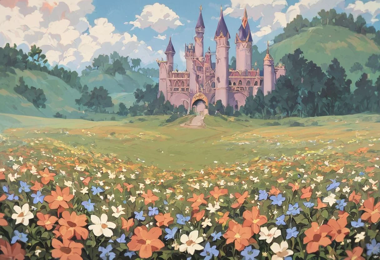 score_9, score_8_up, score_7_up, score_6_up,
nature background, flowers, flower frame, small clouds, fields, flower field, castle in background, castle, vintage, film grain
