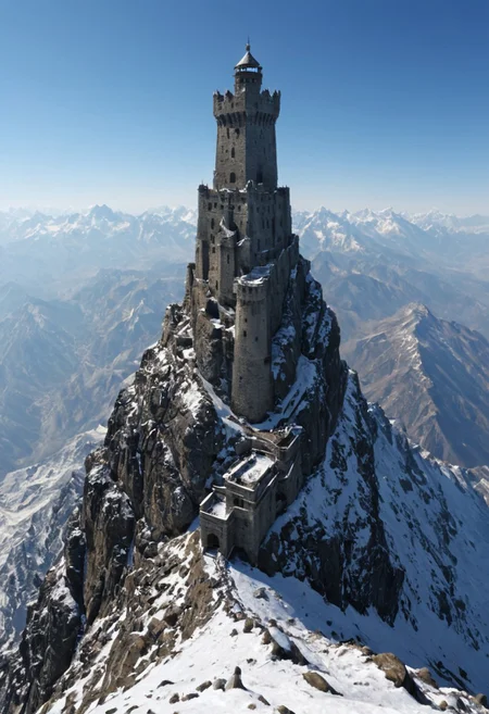 <lora:TheWeirdies_epoch_10:0.55>  , advntr , epiCPhotoGasm-colorfulPhoto, 
score_9, score_8_up, score_7_up, score_6_up
Durlag's Tower was  hollowed out the mountain for the rock that made up his tower and used the space created to hide further treasure. This local landmark was the isolated keep of within the remains of the tower and used the defenses created by Durlag to keep both itself and the treasure safe. Some claimed that this creature was a lich.
no humans
(Tower fortress high on the highest peak of the highest mountain with all other sharp and snowing peaks far below . The tower looks out over a side vista of the tops of countless mountains in a huge range like the Himalayas, snow and frost cover every surface. ) ((maximum detail, supreme quality, 4k, best clarity))
