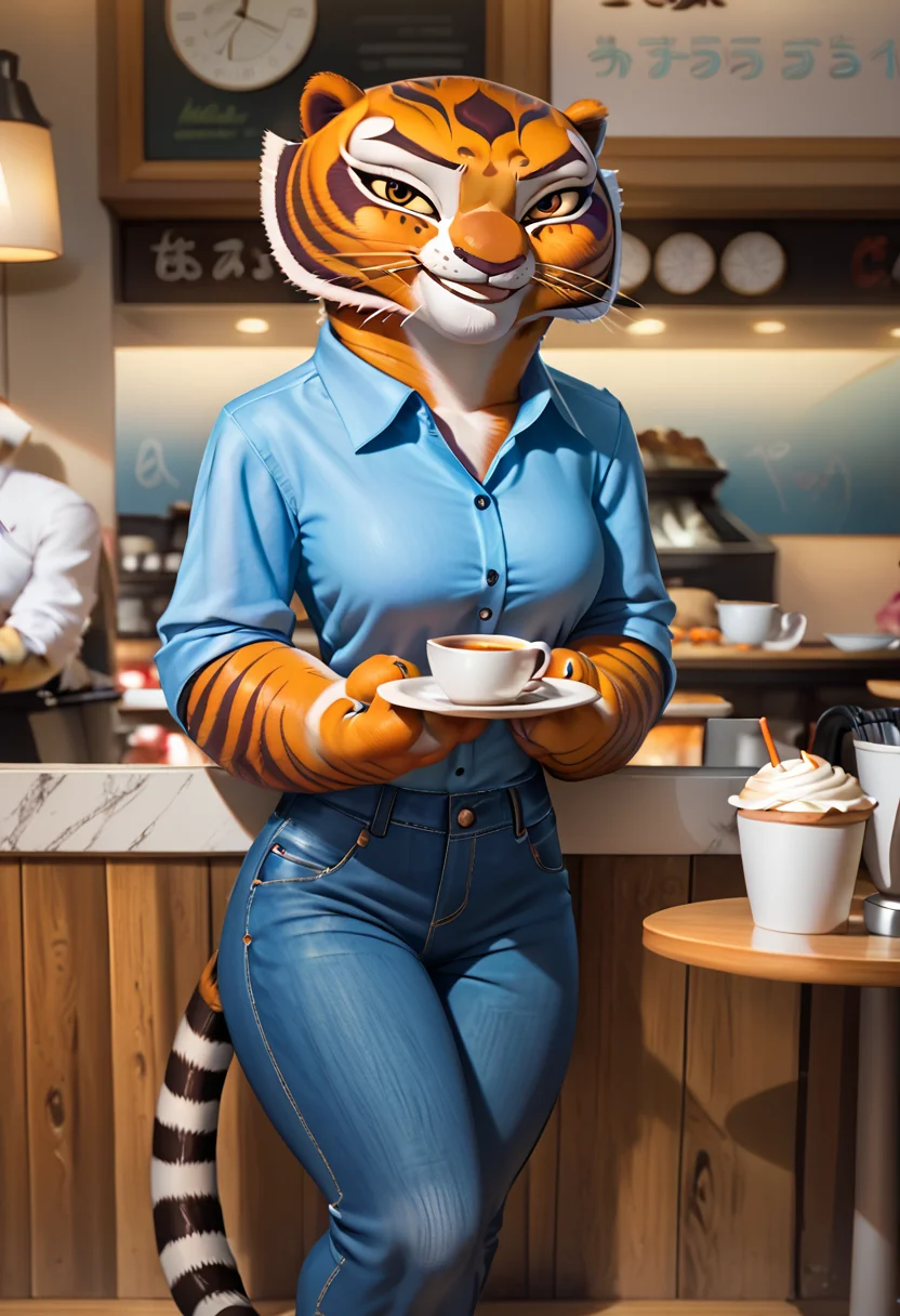 score_9, score_8_up, score_8, <lora:Master_Tigress_Kung_Fu_Panda_for_PonyXL:0.9> 1girl, m4stertigr3ss, solo, tail, looking at viewer, whiskers, blue collared shirt, blue jeans, cafe, indoors, leaning on wall, smile,
