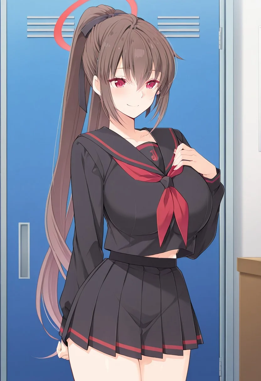 (absurdres, best quality, masterpiece:1.4), amazing quality, highres, newest, detailed, detailed body, detailed face, source anime, anime coloring, beautiful,
BREAK
urakanna, 1girl, solo, brown hair, ponytail, long hair, red eyes, large breasts, standing, smile, Cosplay,
BREAK
justice task force member \(blue archive\) \(cosplay\), japanese clothes, black serafuku