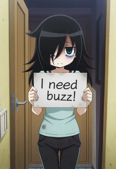 detailed background, official style, anime coloring, (anime screencap) masterpiece, detailed face, 1girl, <lora:Tomoko_Kuroki:0.8>, Tomoko, small breasts, black hair, long hair, bags under eyes, hair between eyes, hair over one eye, flat chest, petit body, skinny, oversized breast cup, sad, sad expression, tears, need_buzz, holding sign, looking at viewer, standing, sweating, dirty clothes, outdoors, pov, opening apartment door,