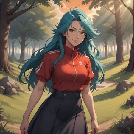 score_9, score_8, BREAK, katie(pokemon anime),woman,(long hair,turquoise hair,curtain bangs),(dark brown eyes,tsurime eyes),(red sporty shirt,short sleeved zipper shirt,white shoulder stripes),(long skirt,flat skirt,black skirt,red side stripe),(red sandals), sexy pose, self portrait, smile, outdoors, sunlight, shadows, evening lighting, natural lighting, forest, trees, grass, orange sky, sunset
