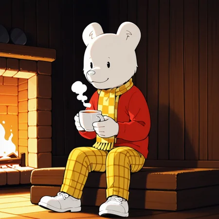 1boy, male, solo, no humans, black eyes, white fur, white nose, plaid pants, long sleeves, red shirt, yellow checkered pants, yellow checkered scarf, white shoes, indoors, smile, closed mouth, sitting by the fireplace in a cozy cabin, holding a cup of tea, warm lighting,
BREAK best quality, amazing quality, very aesthetic, absurdres, newest, masterpiece, mischievous, sharp focus, high detail, clear image, high resolution,