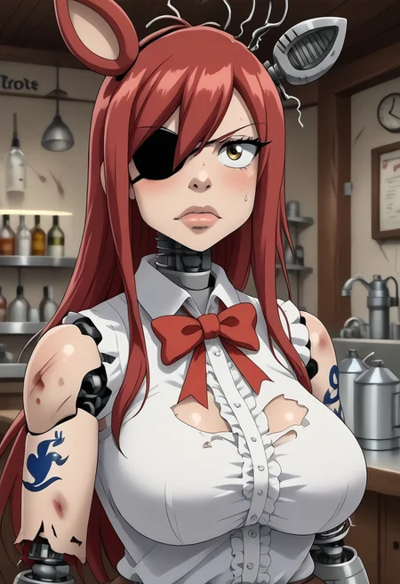 score_9, score_8_up, 1girl, solo, indoors, Laboratory background, Lab gear, erza scarlet transforming into withered foxy,
erza scarlet, long hair, red hair, hair between eyes, brown skirt, shirt, bow, boots, sleeveless, sleeveless shirt, tattoo, white shirt, frills,,plump, bbw, big ass,
Withered_FoxyFNAF, , animal ears, yellow eyes, torn clothes, no humans, robot, withered body, damaged, animatronic, joints, endoskeleton, left hook hand, eyepatch on left eye,