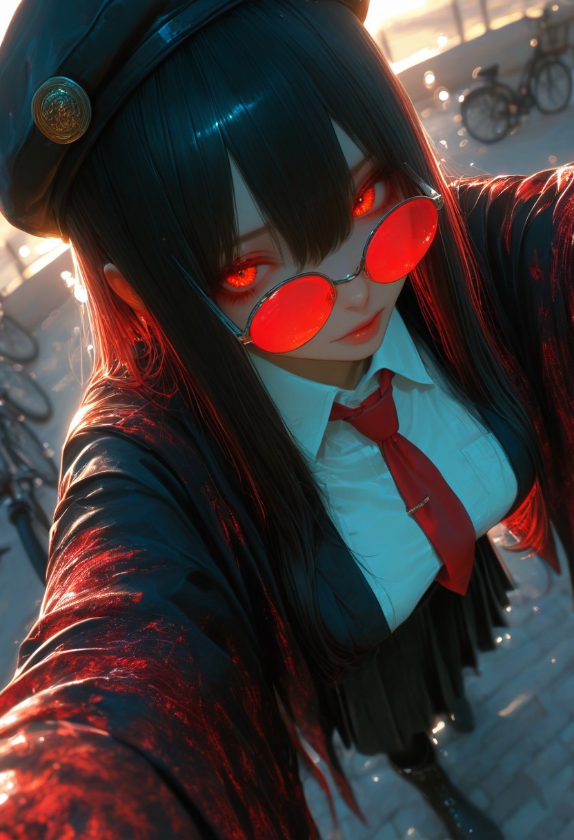 Smooth_Quality, masterpiece, good quality, very aesthetic, absurdres, newest, artist:moriimee, 7481llu, cf_style, 1girl, vermillion eyes, black hair, long hair, hair between eyes, sidelocks, black_beret made of carbon_fiber, dark red necktie, black_haori made of carbon_fiber, vermillion tinted round eyewear, white collared shirt, black_hakama made of carbon_fiber, black boots, urban, riverside, morning, bicycle, depth of field, dynamic pose, detailed eyes, beautiful eyes, detailed background, raytracing, dynamic composition, dutch angle, foreshortening, dramatic lighting