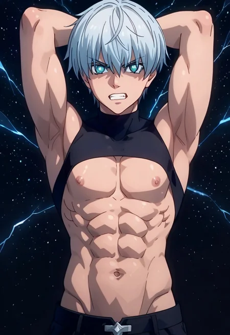 ((masterpiece)), ((best quality)), ((ultra-detailed)), ((absurdres)), score_9_up, score_8_up, score_7_up,
HD, top quality, best quality, amazing quality, High-quality illustrations, anime screencap, source_anime, best aesthetic, perfect proportions, perfect eyes, 1boy, 1male, solo boy, solo male, male focus, solo male focus, Anime, boy, male anime character, anime boy, handsome, sexy, cute, charming, ((looking at front, looking at viewer)), ((front shot, front view, view from front)), ((lean body, toned body, toned muscular arms)), ((head to chest shot)), Ragna, silver hair, long bangs, ((cyan eyes)), black shirt, turtleneck, sleeveless, ((one arm raised, one arm fully stretched upwards, one hand reaching up)), ((angry, furious, gritting teeth)), ((lighting energy power aura light, lightning power aura, powering up)), ((black sky, black background)), updn, easynegative, Expressiveh, masterpiece, best quality, very aesthetic, absurdres