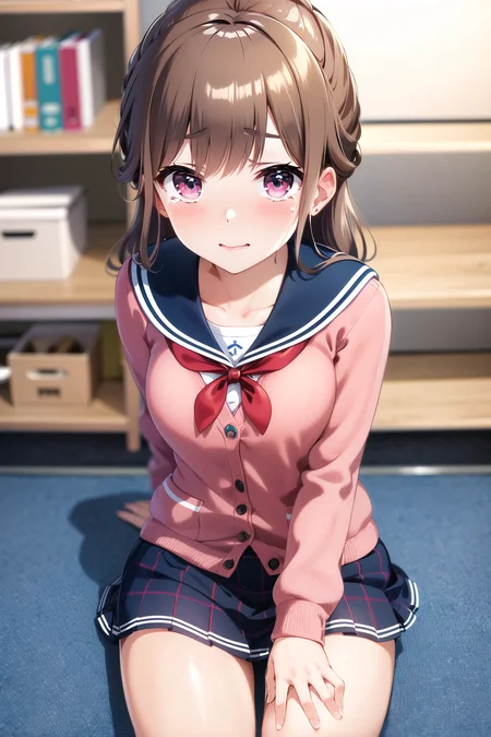(masterpiece, best quality, beautiful detailed eyes, absurdres, closeup), 1girl, hayasaka mei, uniform, pink jacket, cardigan, pink cardigan, red ribbon, blue sailor collar, blue skirt, looking at viewer, crying, blush, <lora:hayasakaMeiIdoly_v10:0.7>