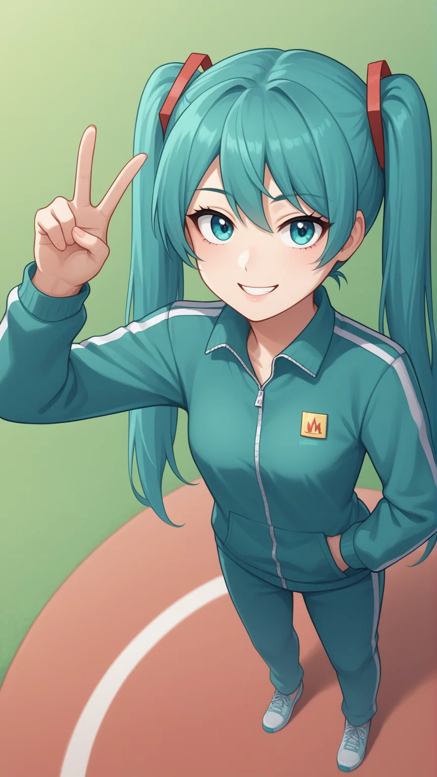 score_9, score_8_up, score_7_up, BREAK source_anime, best quality, masterpiece, ultra detailed,
<lora:Everlasting_Summer_Miku_by_GraffMetal:0.7>, miku, aqua hair, aqua eyes, twintails, long hair, very long hair, 1girl, solo,
black eyeliner cat eye, smile,
track jacket, track pants, hand peace sign,
amazing background,
lookin at the viewer, lookin at the camera, from above,