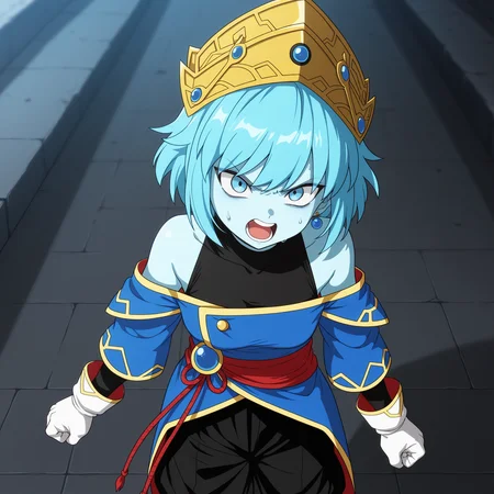 masterpiece, best quality, amazing quality, anime screencap, 1girl, solo, standing, upper body, angry, open mouth, sweat, <lora:AeosDB:0.9>, aeosDB, blue hair, short hair, blue eyes, blue skin, small breasts, earrings, crown, black undershirt, bare shoulders, blue off-shoulder coat, black baggy pants, white gloves, white boots,
