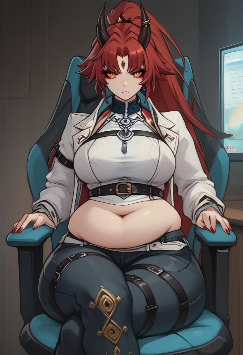 score_9, score_8_up, score_7_up, painterly, 1girl,solo,<lora:age_slider_v4:1.2>,adult,tall female, golden eyes, red makeup, red hair, streaked hair, long hair ponytail, ponytail, short hairs, red and black horns, spiky horns, breasts, large round breasts, oni, demon queen, demon lord, (thick thighs:0.6),(angry:0.6),(half-closed eyes:0.8),black baggy pants,white top,high collar,belt,harness,looking at viewer, FEI XIAO REGULAR WEAR, hips, thighs, thick thighs, wide hips, looking at viewer, saggy belly, fat belly, very fat belly, fat angry, in the bedroom, sitting in a gaming chair, in front of the computer, crossed legs, round belly