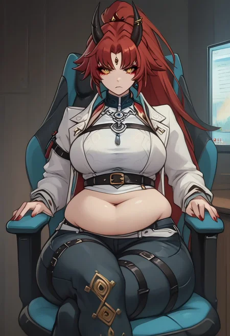 score_9, score_8_up, score_7_up, painterly, 1girl,solo,<lora:age_slider_v4:1.2>,adult,tall female, golden eyes, red makeup, red hair, streaked hair, long hair ponytail, ponytail, short hairs, red and black horns, spiky horns, breasts, large round breasts, oni, demon queen, demon lord, (thick thighs:0.6),(angry:0.6),(half-closed eyes:0.8),black baggy pants,white top,high collar,belt,harness,looking at viewer, FEI XIAO REGULAR WEAR, hips, thighs, thick thighs, wide hips, looking at viewer, saggy belly, fat belly, very fat belly, fat angry, in the bedroom, sitting in a gaming chair, in front of the computer, crossed legs, round belly