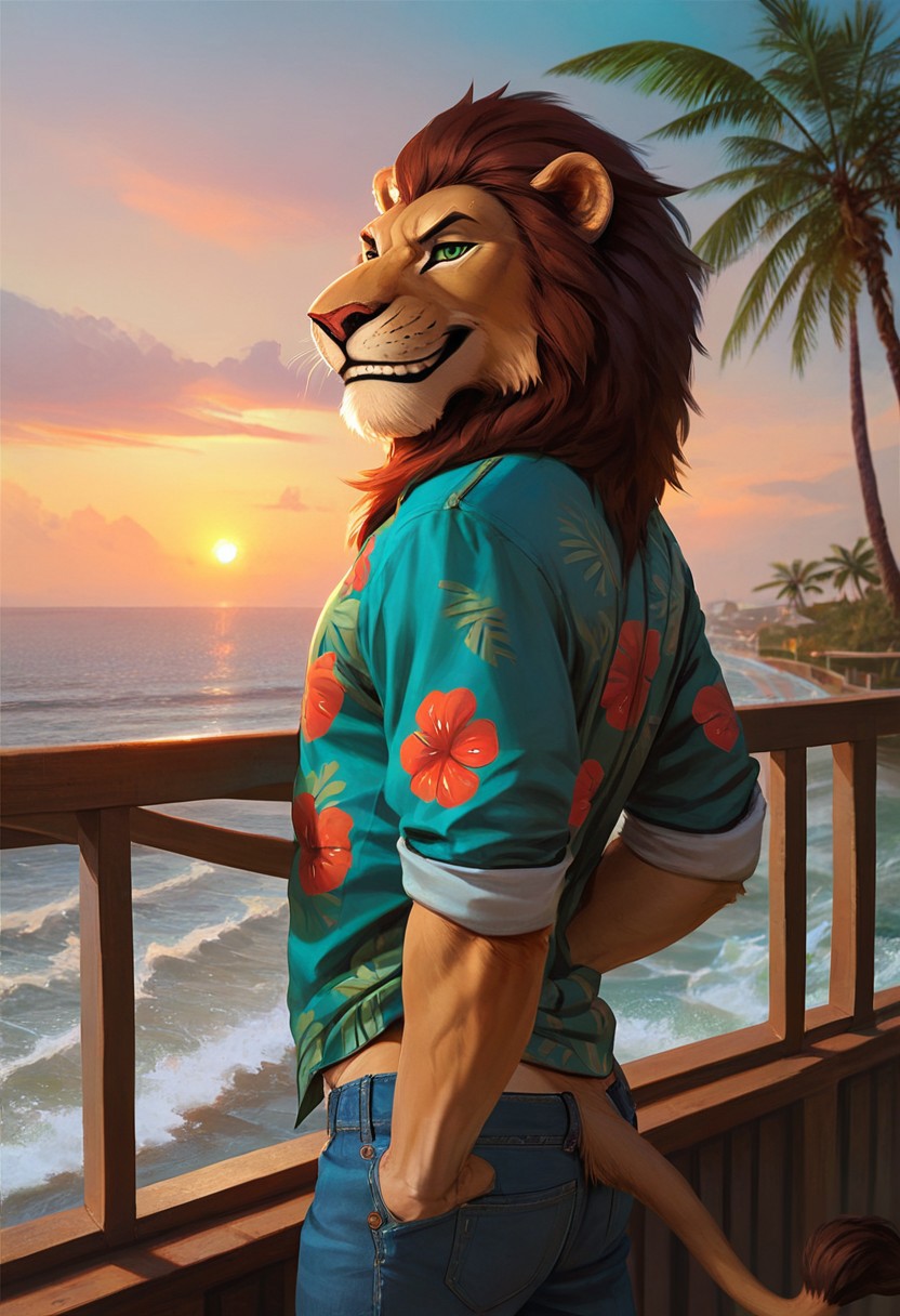 (Furry), Lion, male, green eyes, evil grin, lion tail, 
light-blue shirt, Hawaiian shirt, jeans, rolled up sleeves, 
balcony, palm trees, ocean, waves, 
back view, leaning on railing, looking over shoulder,
ray tracing, photo realistic, good shadows, score_9, score_8_up, score_7_up,