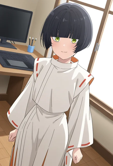 masterpiece,best quality,absurdres,perfect lighting,indoors,window,monitor,drawing tablet,desk,wooden floor,
*//*,<lora:HealerGirl_ShinobuHonosaka-Illustrious:1>,shinobu_honosaka, 1girl, solo, black hair, short hair, bob cut, green eyes,japanese clothes,white dress,long sleeves,wide sleeves,
*//*,looking at viewer,cowboy shot,dutch angle,dynamic pose,light smile,