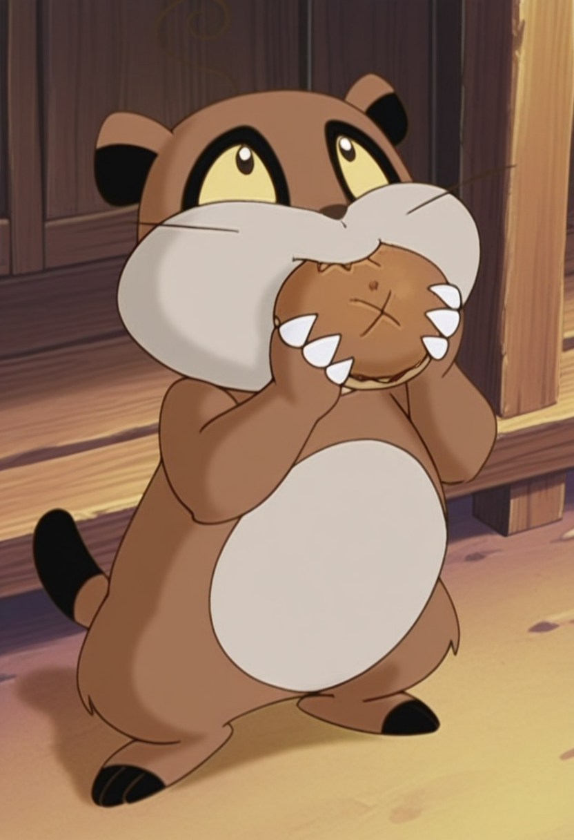 1other, animal focus, standing, looking up, holding food, bun \(food\), eating,
BREAK
xiaozhuxiong, creature, brown body, tan belly, black ears, black feet, short tail, black-tipped tail, puffy cheeks, yellow eyes, claws, whiskers, ahoge,
BREAK
best quality, masterpiece, very aesthetic, absurdres, highest detailed, very awa, anime screenshot, <lora:xiaozhuxiong_from_The_Legend_Of_Nezha_v1.0-000039:1>