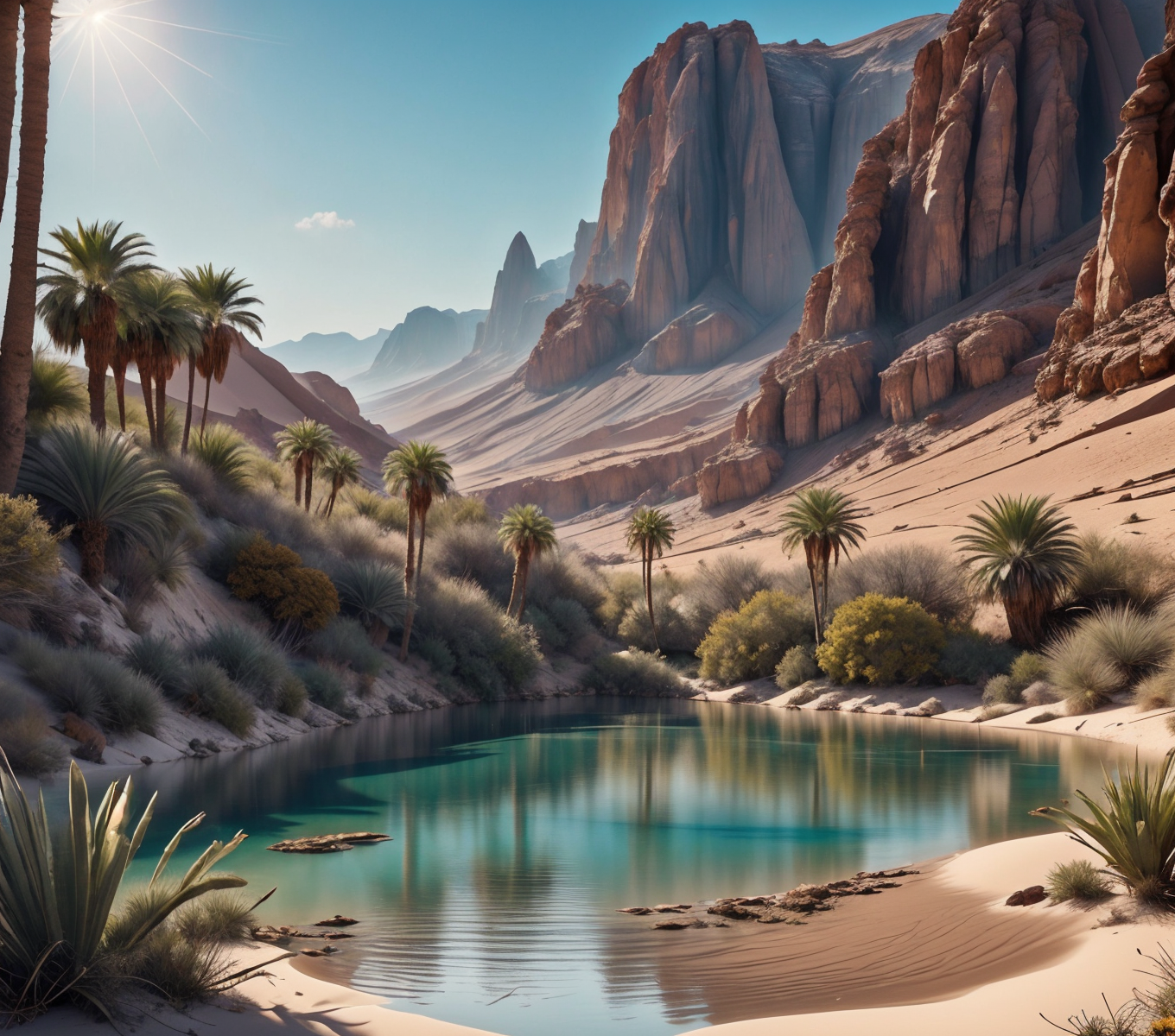 RAW photo, (masterpiece:1.3), subsurface scattering, heavy shadow, (high quality:1.4), (intricate, high detail:1.2), professional photography, HDR, High Dynamic Range, realistic, ultra realistic, photorealistic, high resolution, film photography, ambient lighting, atmospheric effects, <lora:detail_slider_v4:2>, OverallDetail,  <lora:Oasis:1>, beach, day, flower, mountain, no humans, oasis, ocean, outdoors, palm tree, reflection, rock, scenery, shadow, sky, tree, water