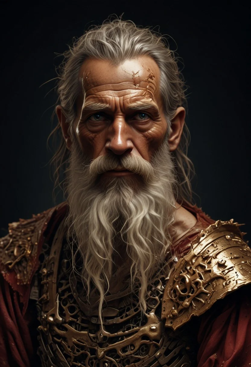 A stunningly vivid and detailed painterly portrait of an elderly man with a rugged beard. He bears a jagged, molten golden scar across his face, and his left eye is replaced with a glowing golden one. He is clad in weathered, ragged armor that appears to be made of red-hot metal, and his eyes emit a fierce, magmatic red glow. The overall composition of the piece is cinematic, seamlessly blending elements of photography, illustration, and traditional painting techniques to create a captivating, larger-than-life portrait., illustration, painting, cinematic, photo, portrait photography, conceptual art. made from rough white bone fragments, in profile, side view, surrealism, pencils, fashion illustration, gradient bordeauxs and dark crimson background, avant-garde, vivid colors, filigrie, photorealistic rendering, mody chiaroscuro lighting.boneswm