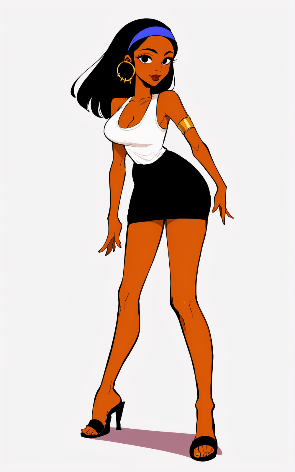 score_9, score_8_up, score_7_up,((best quality)), absurdres,((full body)),  <lora:3d-2d:0.8>,   <lora:CleopatraCHPXL:0.8>,CleopatraCHPXL,black hair, breasts, medium breasts, shadow, black eyes,  dark-skinned female.hoop earrings, earrings, black skirt, jewelry, skirt, cleavage,white shirt, shirt, high heels, black footwear, sleeveless, sandals, miniskirt, armlet,tank top,blue hairband,white background,slim