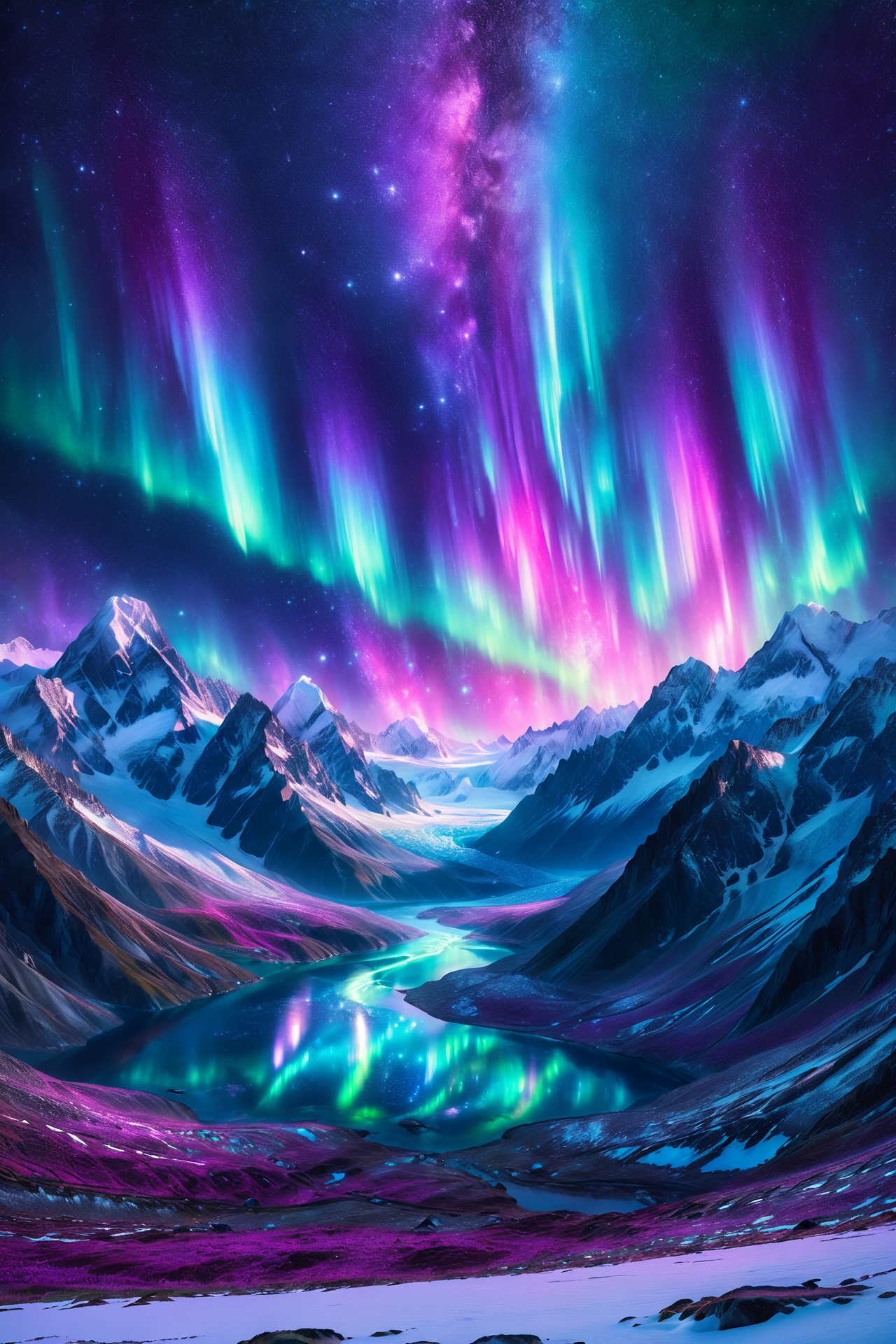 glacial valley with luminous snow, morph-aurora, starry night with twinkling stars, detailed background, best quality, vibrant colors, realistic style, high detail, hyper-realistic, highres, 4K resolution, realistic photo, masterpiece, ultra-detailed, northern glow, blues and pinks, ethereal glow, wide shot, <lora:add-detail-xl:1> <lora:aurora_0_100_V1-000009:0.65>