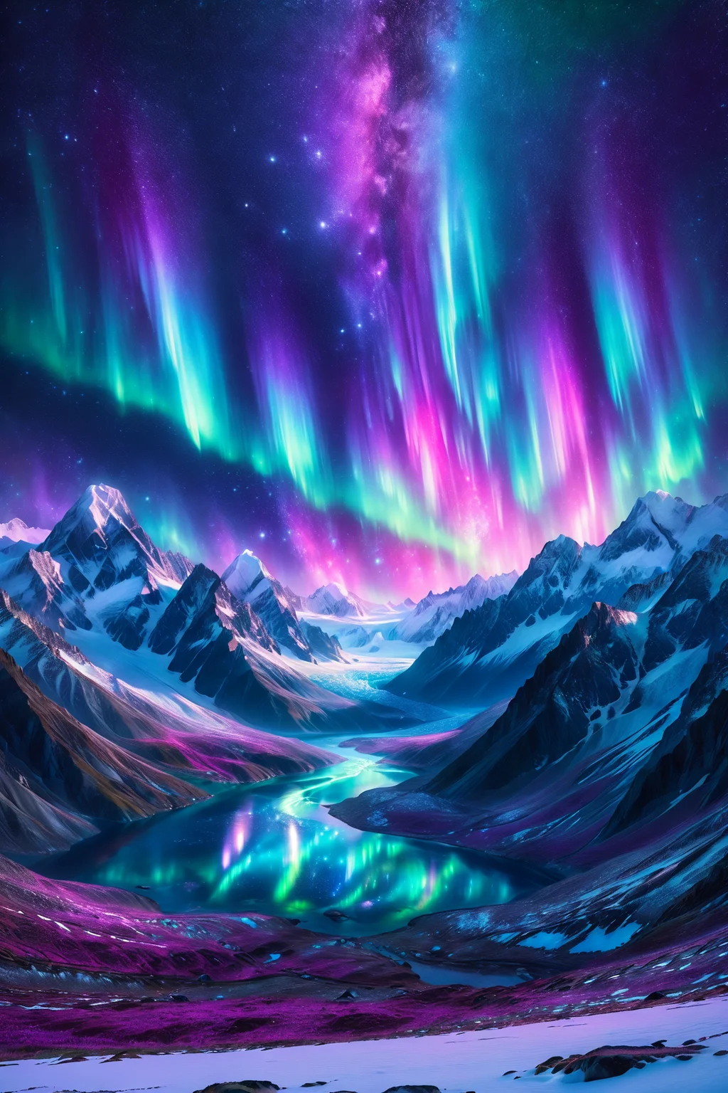 glacial valley with luminous snow, morph-aurora, starry night with twinkling stars, detailed background, best quality, vibrant colors, realistic style, high detail, hyper-realistic, highres, 4K resolution, realistic photo, masterpiece, ultra-detailed, northern glow, blues and pinks, ethereal glow, wide shot, <lora:add-detail-xl:1> <lora:aurora_0_100_V1-000009:0.65>