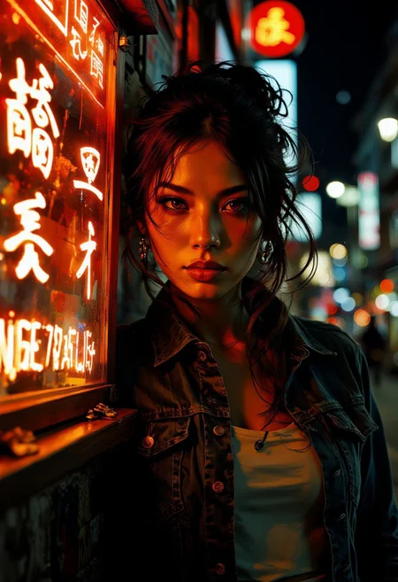 mwv7_alpha_v01, A dinkfsn style ink wash painting, closeup portrait of stunning japanese woman, long loose hair, bangs, denim jacket, white blouse, leaning against a neon sign on a traditional Japanese street, night, neon signs, bokeh