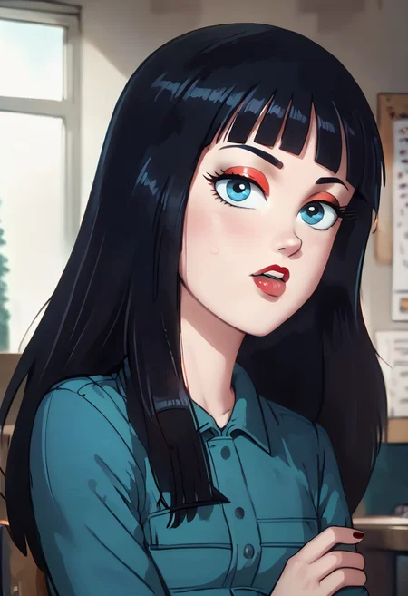 (ultra HD quality details), Detailed illustration, score_9, score_8_up, score_7_up, score_6_up, PRSNL, w_g_f, uncensored , pupils black dots, 1girl, lips,
agent mai, long hair, bangs, blue eyes, black hair, eyelashes, red eyeliner, lipstick,
Warm light, indoors,
((Upper body)),