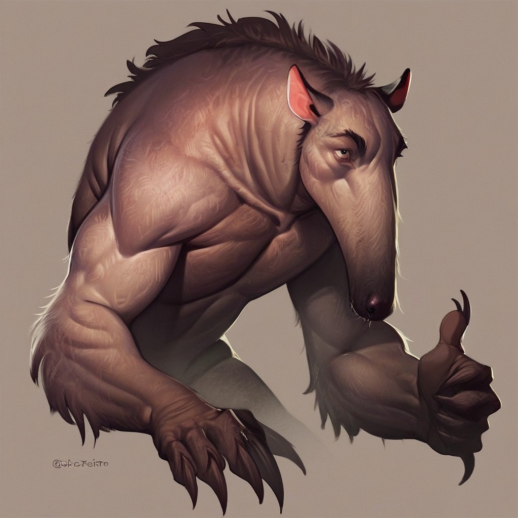 Score_7_up, score_8_up, upper body, 2d, source_cartoon, 
BREAK,
capelobo, monster, neckless, big torso, anteater, long snout, brown fur, claws, (thumbs up), simple background, scruffy,